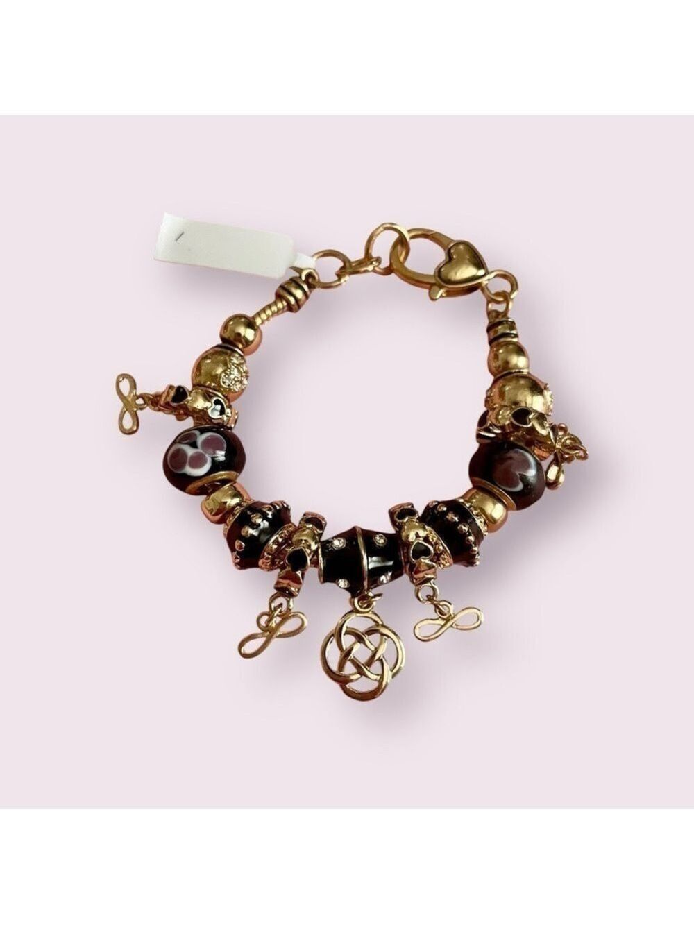 “Infinity Theme” Black Charm Bracelet by Landau, Vintage, 15 Charms, NWT.